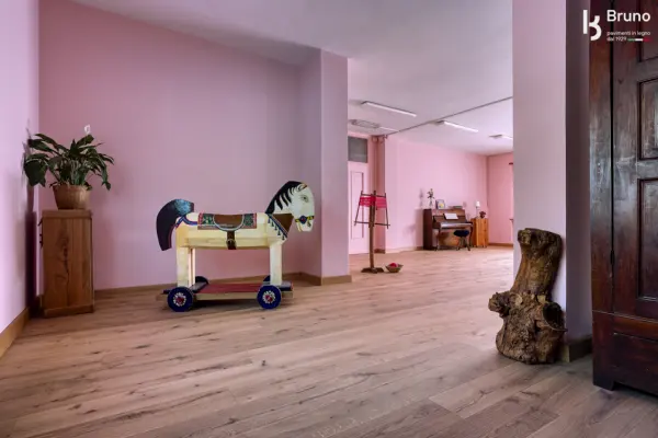 Sala con cavallo a rotelle e piante