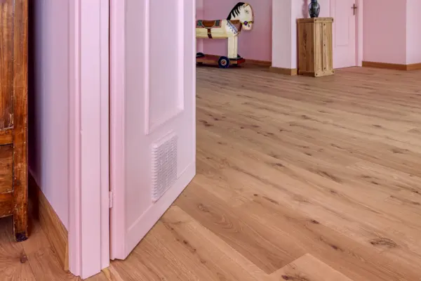 Corridoio con porta aperta e pavimento in legno